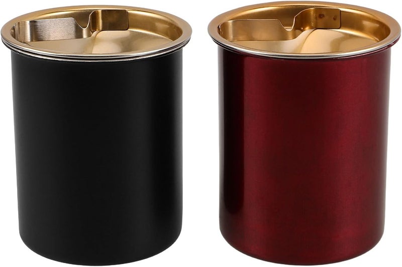 2pcs Stainless Steel Ashtray Set with Lid Windproof Cigarette Ash Holder for Indoor Outdoor Use Home Office Patio Smokeless Ash Container in Burgundy and Ebony - Image 1