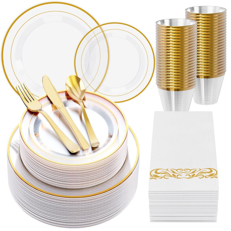 FOCUSLINE 350 Ct Clear Gold Dinnerware Set for 50 Guests  Gold Rimmed Clear Disposable Plastic Plates Includes 50 Dinner  Salad Plates Cups Cutlery Set for Wedding Parties
