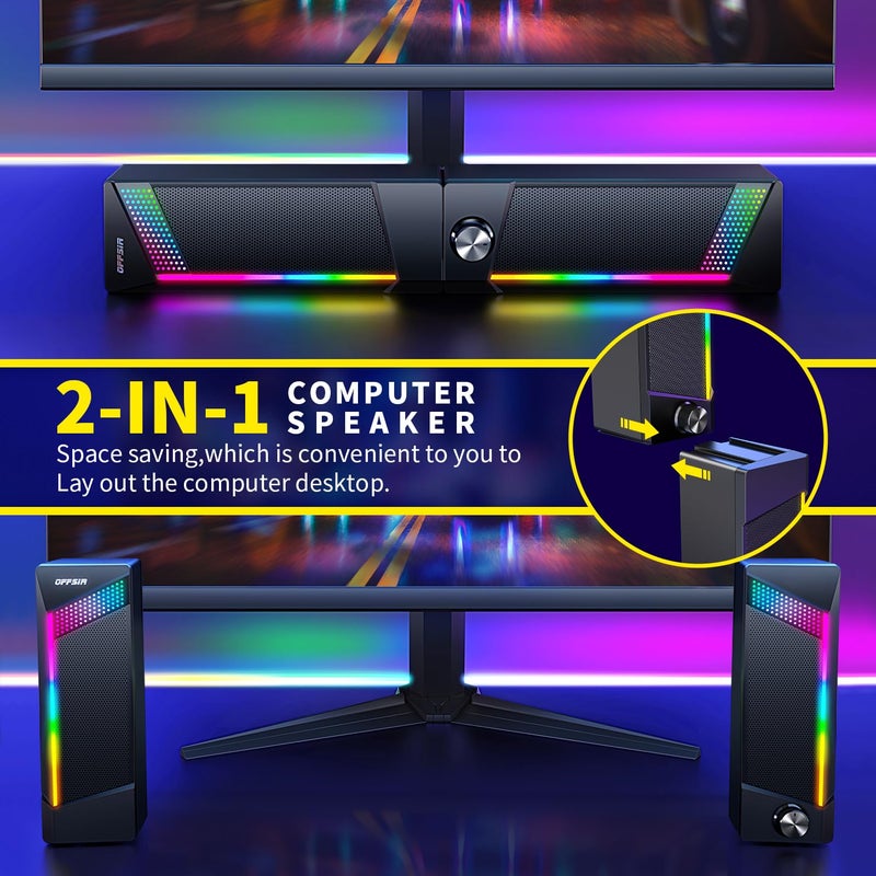 OFFSIR Computer Speakers, 2 in 1 PC Speaker , Gaming Speakers for PC Computer Laptop Desktop Monitor, RGB Speakers with Touch Sensitive Lighting, USB Powered 3.5mm Auxï¼ˆPackage Only Two Speaker, No Soundbarï¼‰ - Image 2