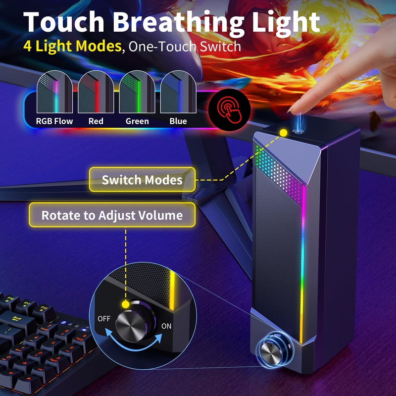 OFFSIR Computer Speakers, 2 in 1 PC Speaker , Gaming Speakers for PC Computer Laptop Desktop Monitor, RGB Speakers with Touch Sensitive Lighting, USB Powered 3.5mm Auxï¼ˆPackage Only Two Speaker, No Soundbarï¼‰ - Image 4