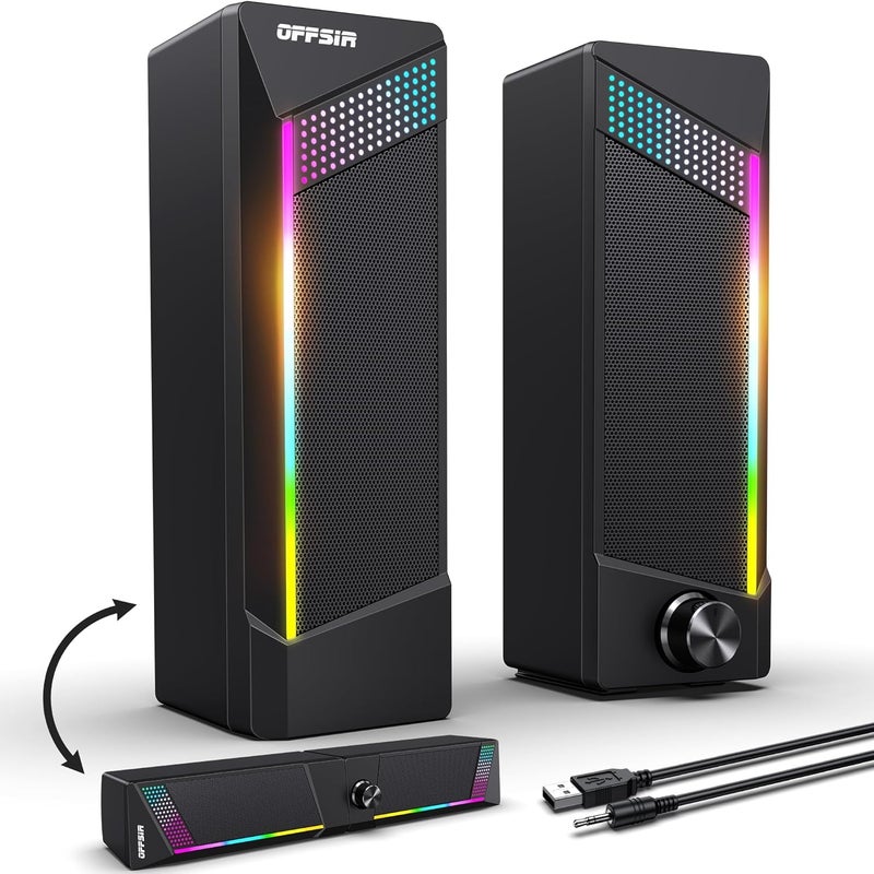 OFFSIR Computer Speakers, 2 in 1 PC Speaker , Gaming Speakers for PC Computer Laptop Desktop Monitor, RGB Speakers with Touch Sensitive Lighting, USB Powered 3.5mm Auxï¼ˆPackage Only Two Speaker, No Soundbarï¼‰ - Image 1