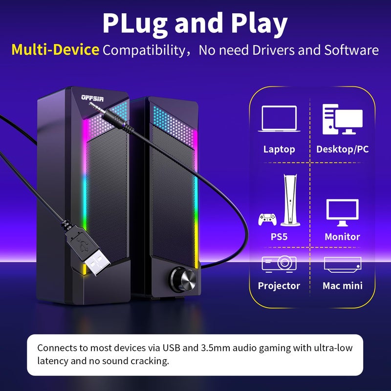 OFFSIR Computer Speakers, 2 in 1 PC Speaker , Gaming Speakers for PC Computer Laptop Desktop Monitor, RGB Speakers with Touch Sensitive Lighting, USB Powered 3.5mm Auxï¼ˆPackage Only Two Speaker, No Soundbarï¼‰ - Image 5