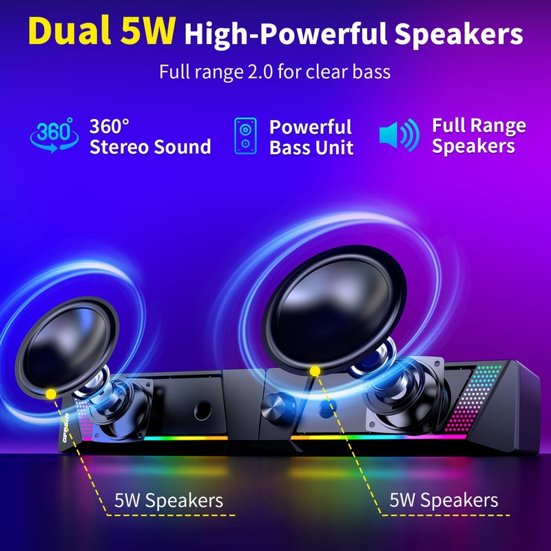 OFFSIR Computer Speakers, 2 in 1 PC Speaker , Gaming Speakers for PC Computer Laptop Desktop Monitor, RGB Speakers with Touch Sensitive Lighting, USB Powered 3.5mm Auxï¼ˆPackage Only Two Speaker, No Soundbarï¼‰ - Image 3