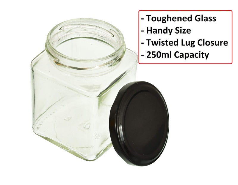 Machak Square Glass Jar 250 ml With Airtight Lid For Kitchen Storage, Black (12 Pieces) - Image 3