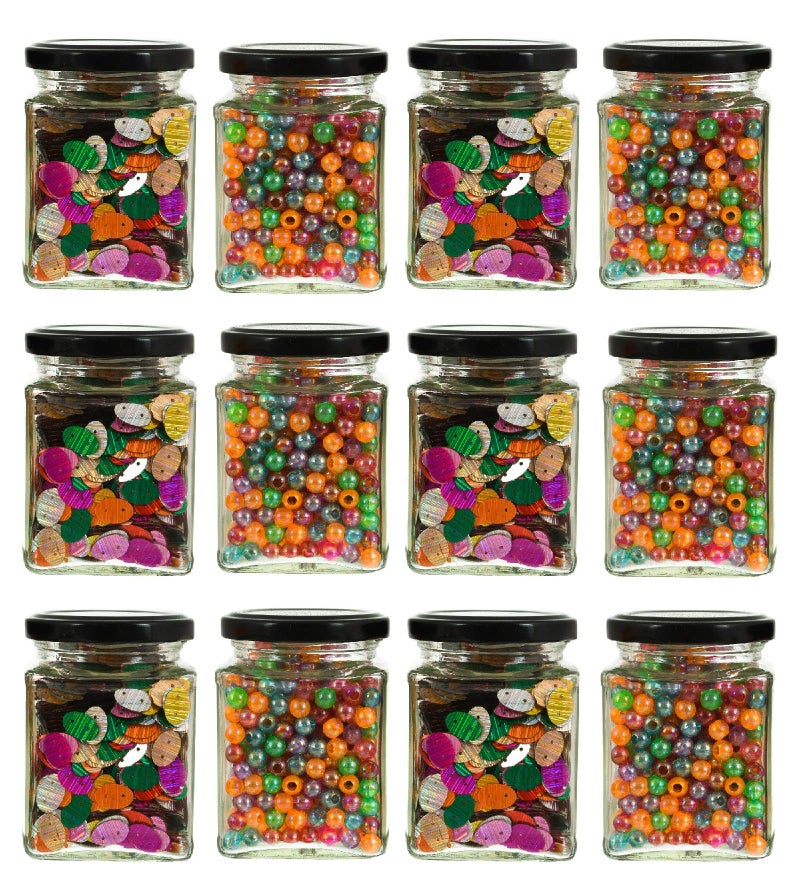 Machak Square Glass Jar 250 ml With Airtight Lid For Kitchen Storage, Black (12 Pieces) - Image 1