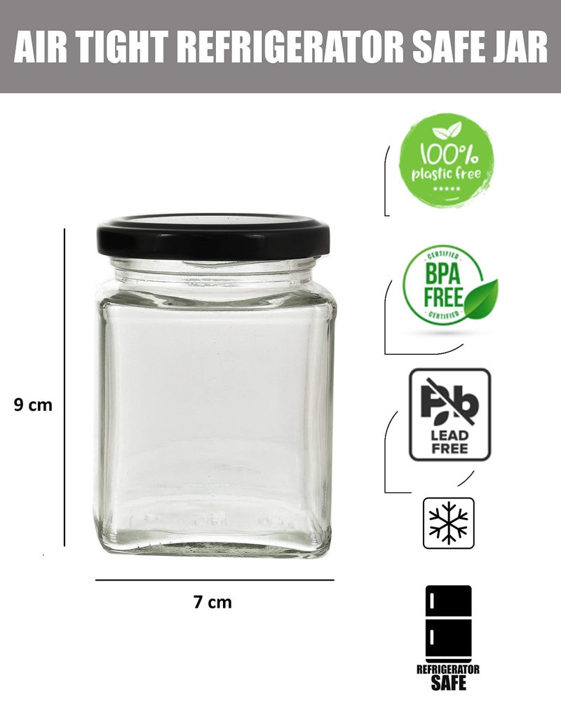 Machak Square Glass Jar 250 ml With Airtight Lid For Kitchen Storage, Black (12 Pieces) - Image 2