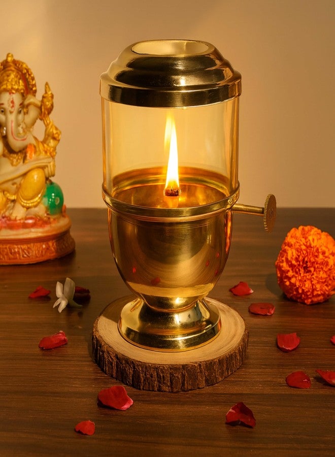 Pure Source India Pure Brass Akhand Jyot Diya with Adjustable Bati Knob & Glass Cover - Ideal for Navratri Pooja, Religious Rituals & Festive Celebrations (Small) - Image 4