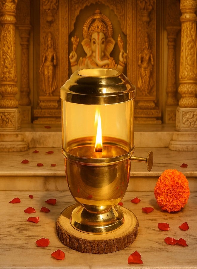 Pure Source India Pure Brass Akhand Jyot Diya with Adjustable Bati Knob & Glass Cover - Ideal for Navratri Pooja, Religious Rituals & Festive Celebrations (Small) - Image 2