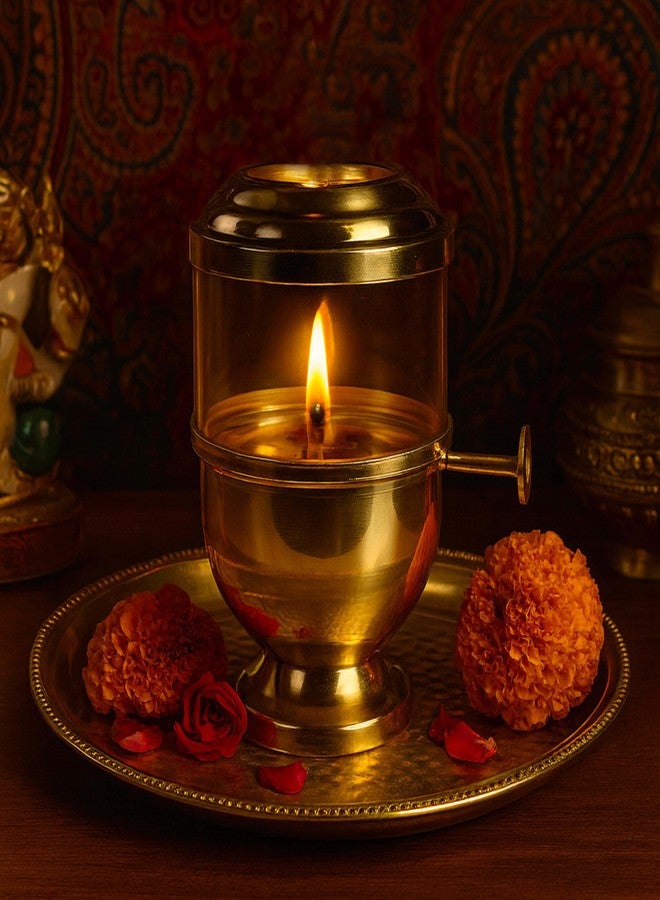 Pure Source India Pure Brass Akhand Jyot Diya with Adjustable Bati Knob & Glass Cover - Ideal for Navratri Pooja, Religious Rituals & Festive Celebrations (Small) - Image 1