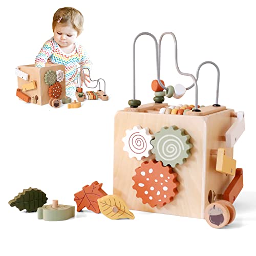 ibwaae 5 in 1 Wooden Activity Cube Play Center Bead Maze Leaves Shape Sorter Learning Montessori Toys for Toddlers 13 Early Educational Developmental Learning Toys for Kids - Image 1