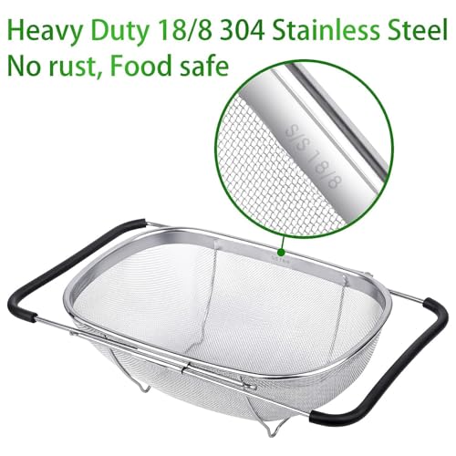 Dayanidhi Large Over-The-Sink Stainless Steel Mesh Colander | Expandable Strainer Basket with Rubber Grip Handles for Draining & Rinsing Fruits and Vegetables - Image 3
