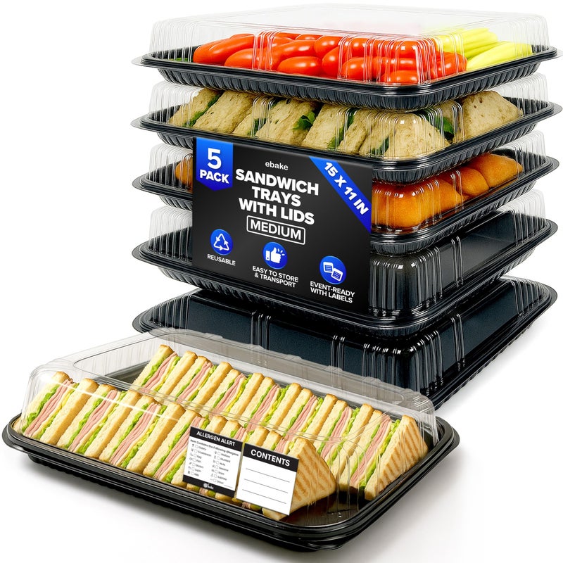 ebake 5 Pack Catering Trays with Lids â€“ 15" Serving Tray with Lid, Heavy Duty Recyclable Plastic Party Platters for Catering, Buffet, Picnics & Events â€“ Food Trays with Clear Lid (15.35 Ã— 11.42 Ã— 2.95 inch) - Image 1