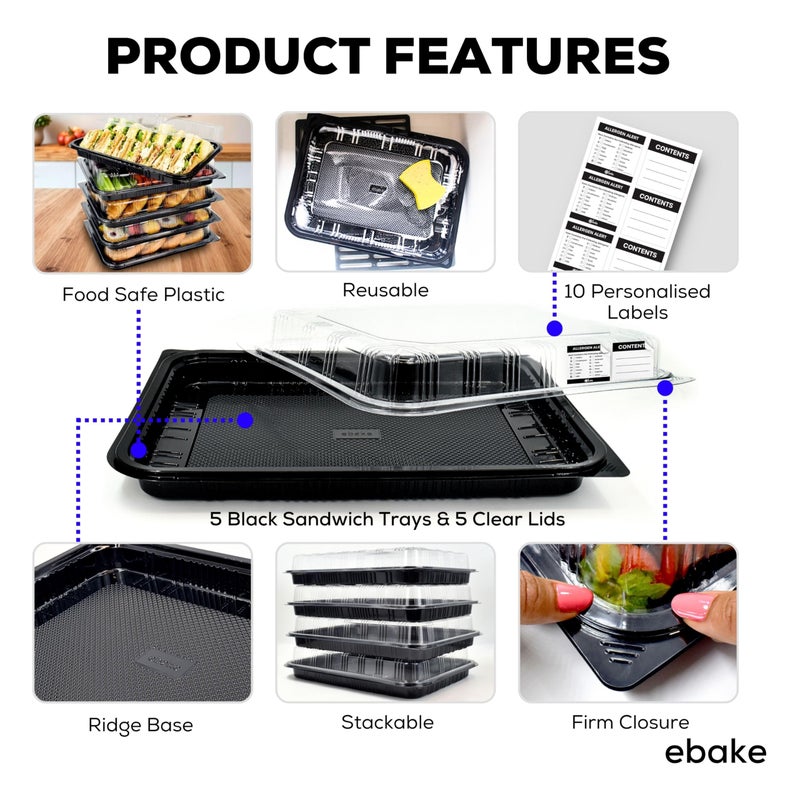 ebake 5 Pack Catering Trays with Lids â€“ 15" Serving Tray with Lid, Heavy Duty Recyclable Plastic Party Platters for Catering, Buffet, Picnics & Events â€“ Food Trays with Clear Lid (15.35 Ã— 11.42 Ã— 2.95 inch) - Image 2