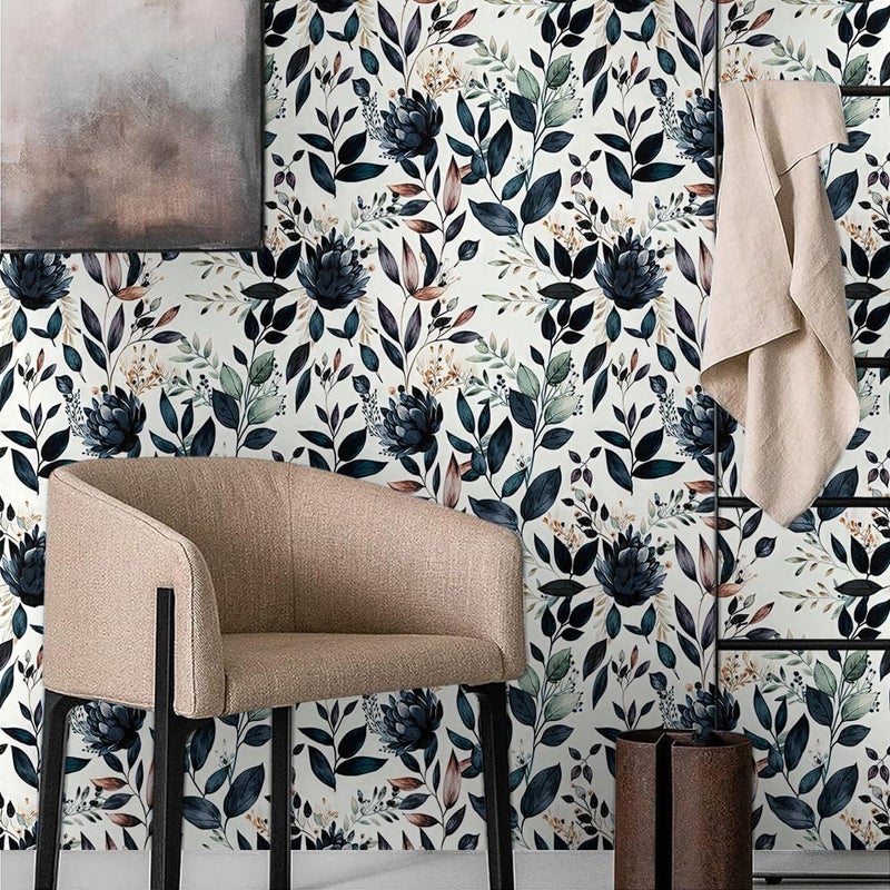 MuralPeel ورق جدران قابل للإزالة بتصميم أوراق زهرية باللون الأزرق الداكن/الأصفر سهل الإزالة ذاتي اللصق مناسب للمستأجرين - Image 2