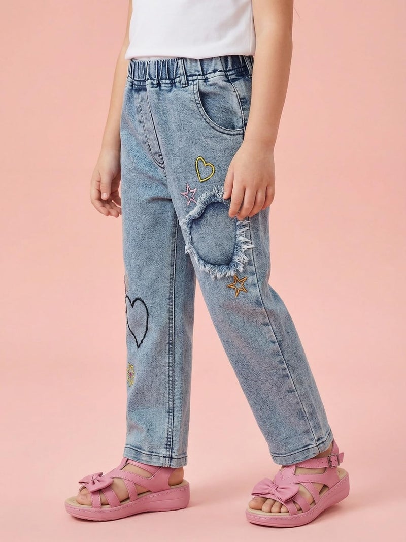 Nautinati Girls’ Patch Embroidery Jeans | Denim Pants for Girls | 4 to 8 Years - Image 2