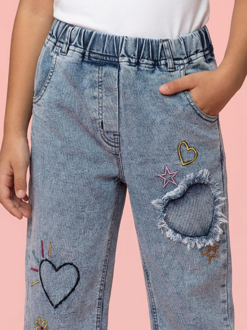 Nautinati Girls’ Patch Embroidery Jeans | Denim Pants for Girls | 4 to 8 Years - Image 3