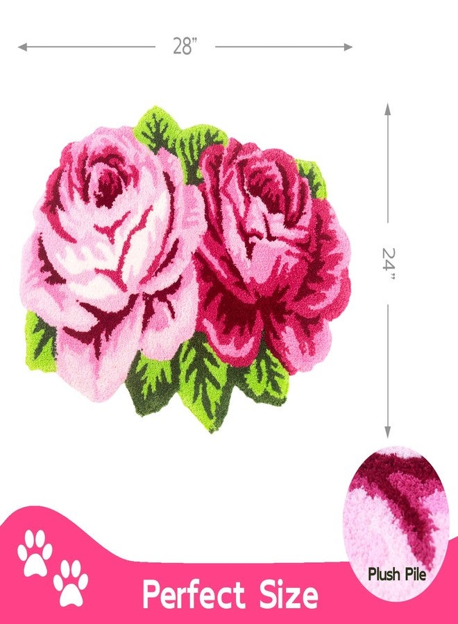 Feblilac Pink Flowers Bath Rug, Floral Rose Shape Decor Non-Slip Mat for Bathroom Cute Plant Floor Carpet, Washable Microfiber Area Rugs for Living Room Bedroom Home Fast Dry Area Rug 24"x28" - Image 4