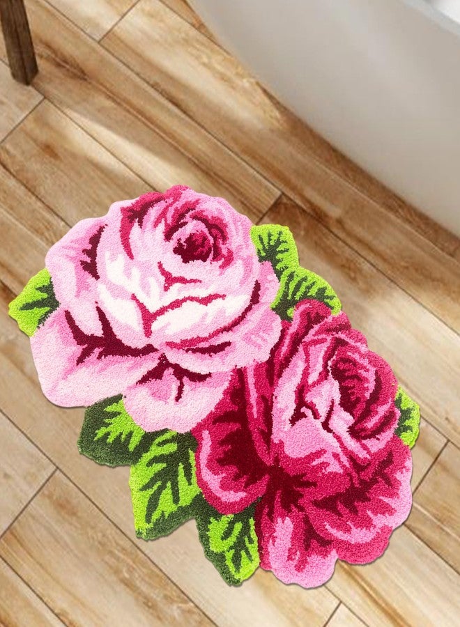 Feblilac Pink Flowers Bath Rug, Floral Rose Shape Decor Non-Slip Mat for Bathroom Cute Plant Floor Carpet, Washable Microfiber Area Rugs for Living Room Bedroom Home Fast Dry Area Rug 24"x28" - Image 1