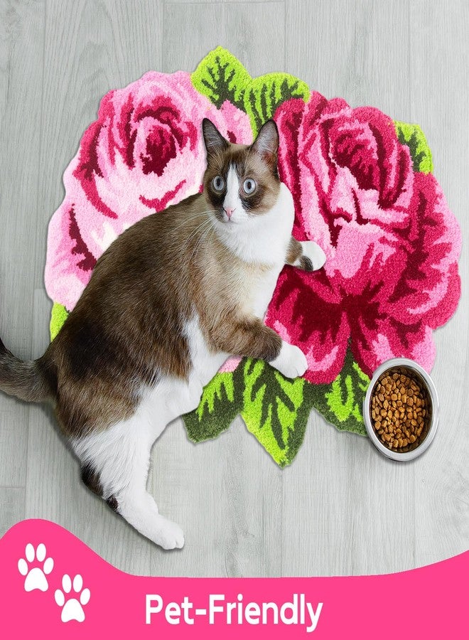 Feblilac Pink Flowers Bath Rug, Floral Rose Shape Decor Non-Slip Mat for Bathroom Cute Plant Floor Carpet, Washable Microfiber Area Rugs for Living Room Bedroom Home Fast Dry Area Rug 24"x28" - Image 3