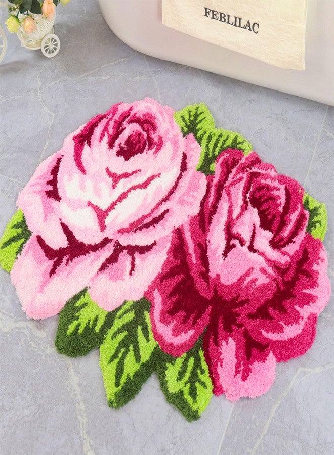 Feblilac Pink Flowers Bath Rug, Floral Rose Shape Decor Non-Slip Mat for Bathroom Cute Plant Floor Carpet, Washable Microfiber Area Rugs for Living Room Bedroom Home Fast Dry Area Rug 24"x28" - Image 2