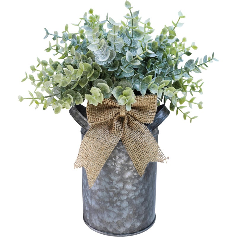 Winlyn Set of 1 Farmhouse Faux Eucalyptus Arrangement Centerpiece Rustic Galvanized Metal Milk Can Vase Artificial Eucalyptus Bushes Greenery Plants for Wedding Kitchen Home Indoor Table Shelf D?cor - Image 1