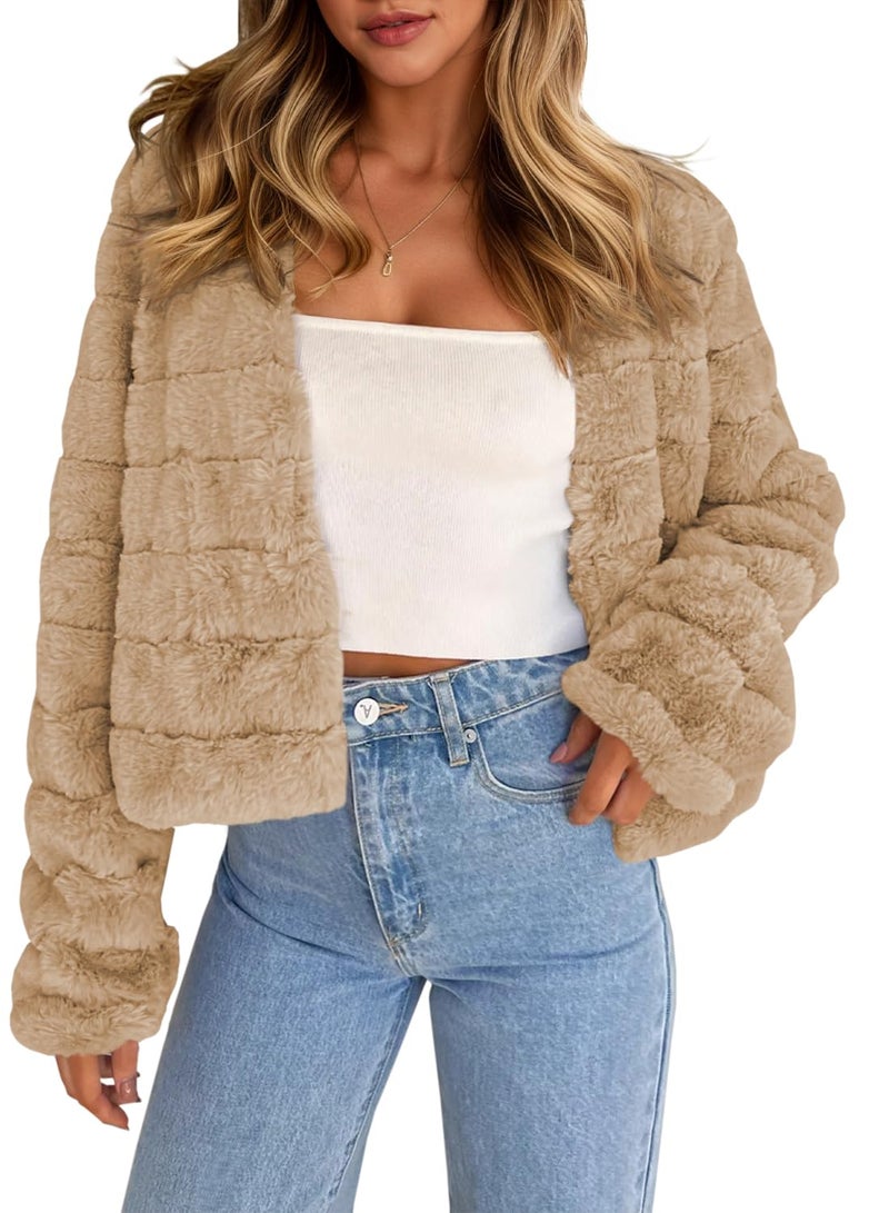 Fisoew Womens Cropped Faux Fur Jackets Long Sleeve Open Front Fluffy Short Coats - Image 1