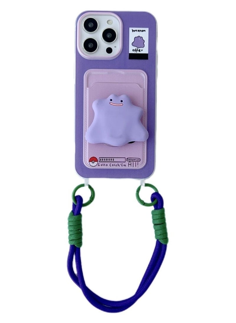 Applicable to iPhone 14 series,Integrated Card Holder Phone Case, Wearing Cute stand and Phone lanyard,Purple - Image 1