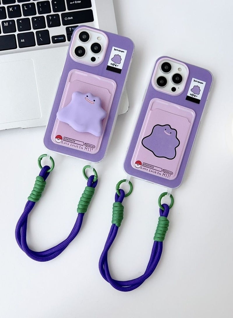 Applicable to iPhone 14 series,Integrated Card Holder Phone Case, Wearing Cute stand and Phone lanyard,Purple - Image 5