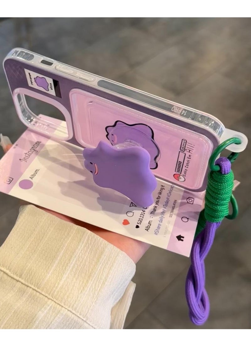 Applicable to iPhone 14 series,Integrated Card Holder Phone Case, Wearing Cute stand and Phone lanyard,Purple - Image 4