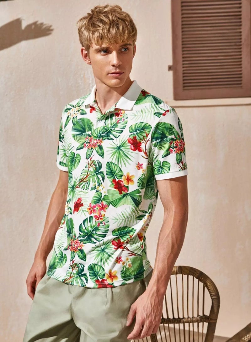 Men Tropical Print Polo Shirt - Image 1