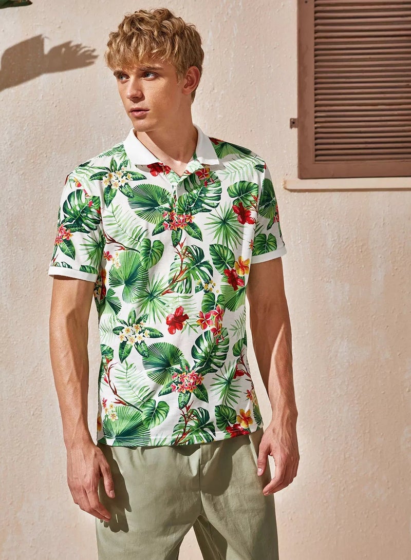 Men Tropical Print Polo Shirt - Image 3