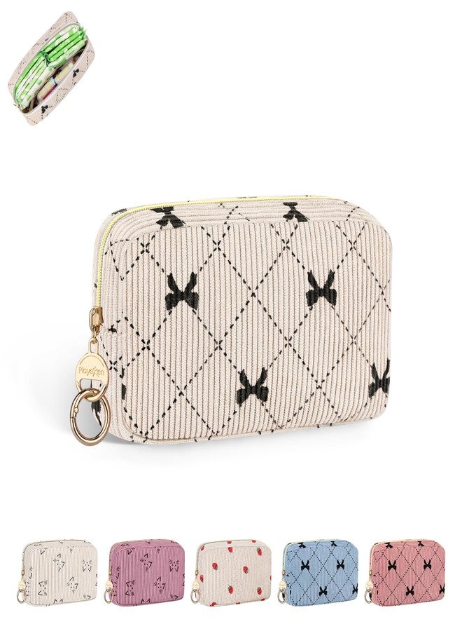 Playexen Corduroy Tampon Holder for Purse, Cute Period Bag with Ring Buckle, Portable Tampon Bag Organizer Case for Feminine Products (Bow-Beige - Image 1