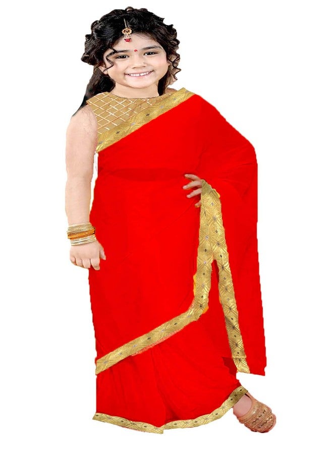 HIBA CREATIONS Baby Girl Kids Red Colour prestitched saree with readymade blouse 5-6 Years - Image 1