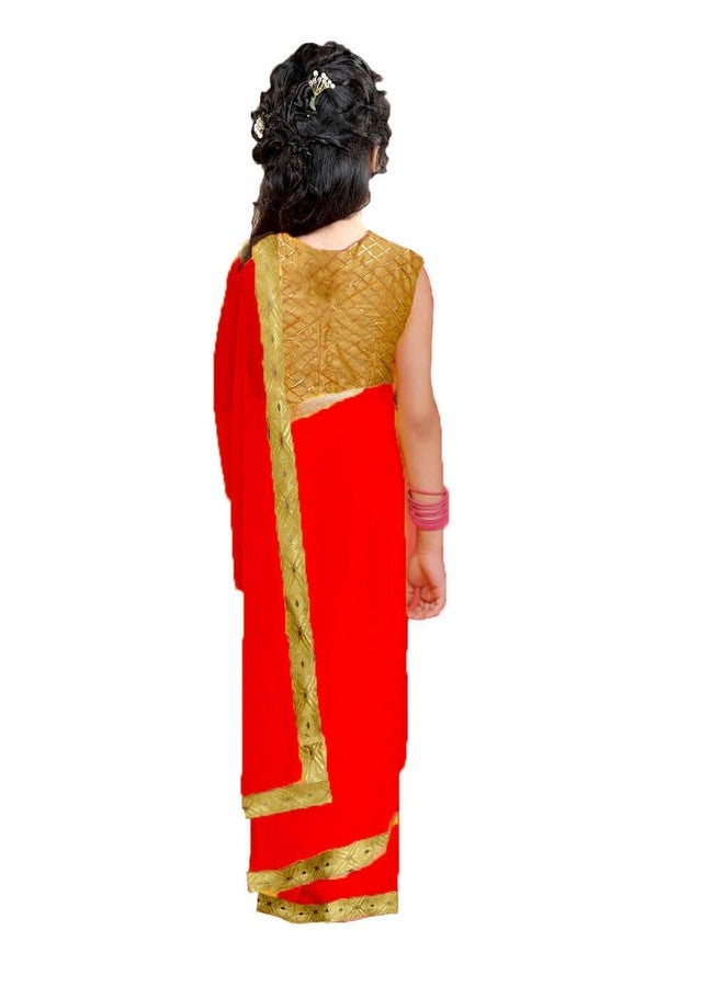 HIBA CREATIONS Baby Girl Kids Red Colour prestitched saree with readymade blouse 5-6 Years - Image 2