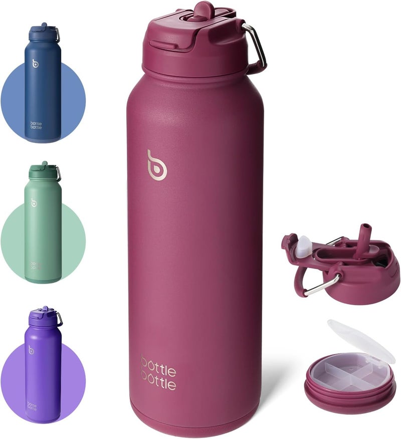 Bottle Bottle Insulated Stainless Steel Sports Water Bottle With Straw And Pill Holder (Cherry Red) - Image 1