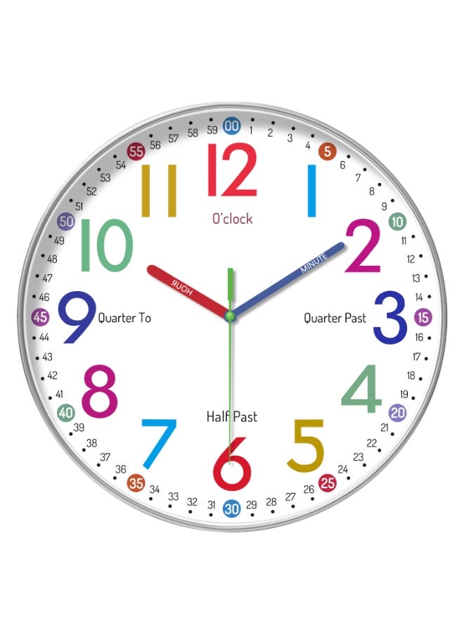 بلومنغ تايم ساعة تعليمية للأطفال، ساعة أطفال تناظرية صامتة لتعليم الوقت، ساعة دائرية مقاس 12 بوصة، للفصول الدراسية وغرف اللعب وغرف نوم الأطفال - Image 1