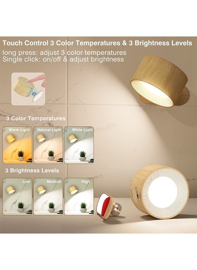 LED Wall Sconce – 360° Rotating Magnetic Rechargeable Wall Light with Touch & Remote Control, 3 Color Temperatures & Brightness Levels for Bedroom, Study, Reading (Wood Grain)