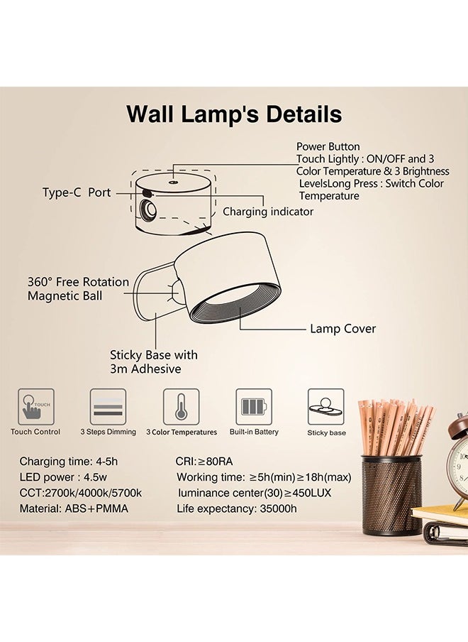 LED Wall Sconce – 360° Rotating Magnetic Rechargeable Wall Light with Touch & Remote Control, 3 Color Temperatures & Brightness Levels for Bedroom, Study, Reading (Wood Grain)