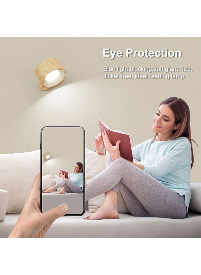 LED Wall Sconce – 360° Rotating Magnetic Rechargeable Wall Light with Touch & Remote Control, 3 Color Temperatures & Brightness Levels for Bedroom, Study, Reading (Wood Grain)