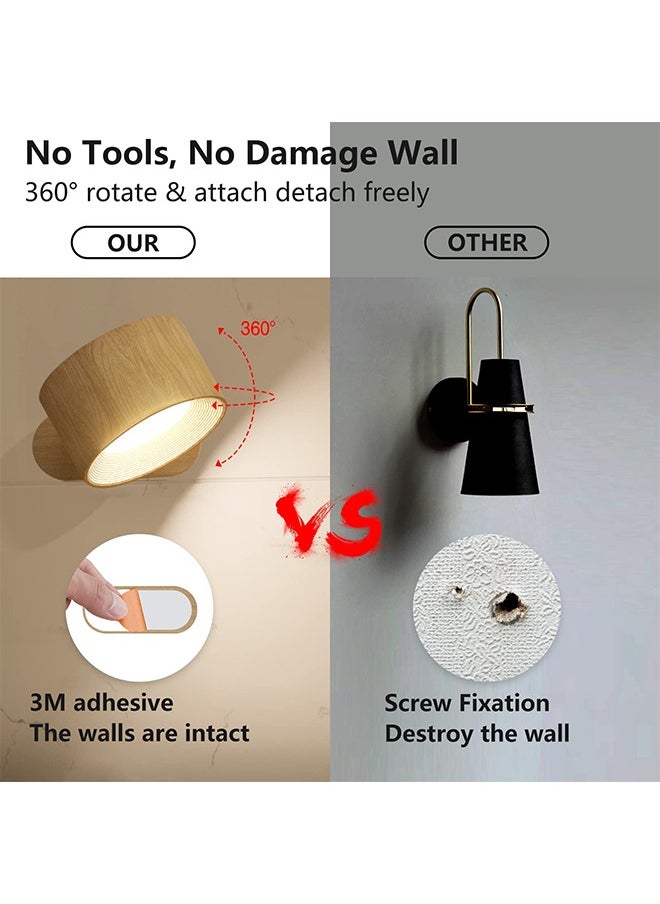 LED Wall Sconce – 360° Rotating Magnetic Rechargeable Wall Light with Touch & Remote Control, 3 Color Temperatures & Brightness Levels for Bedroom, Study, Reading (Wood Grain)