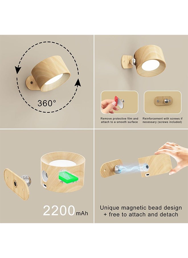 LED Wall Sconce – 360° Rotating Magnetic Rechargeable Wall Light with Touch & Remote Control, 3 Color Temperatures & Brightness Levels for Bedroom, Study, Reading (Wood Grain)
