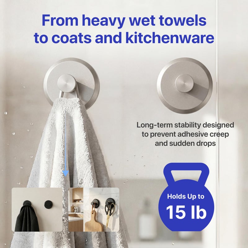 HOME SO Suction Cup Hooks for Shower & Bathroom Towel Holder 2-Pack â€“ Suction Cups Hooks for Hanging Towels, Robes, & Coats - Tiles, Glass Door or Mirror â€“ Shower Hooks & Towel Hooks Organizer -Nickel - Image 4