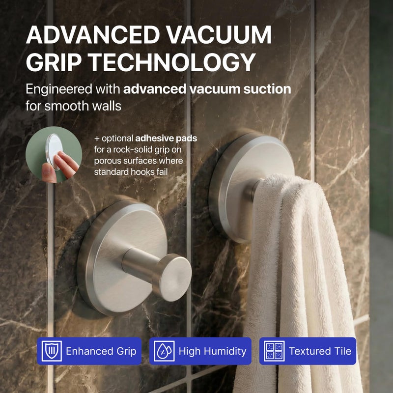 HOME SO Suction Cup Hooks for Shower & Bathroom Towel Holder 2-Pack â€“ Suction Cups Hooks for Hanging Towels, Robes, & Coats - Tiles, Glass Door or Mirror â€“ Shower Hooks & Towel Hooks Organizer -Nickel - Image 2
