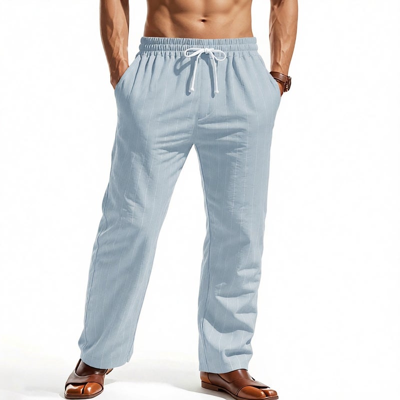 Men's Casual Drawstring Striped Straight Leg Outdoor Beach Pants Comfortable Loose Breathable - Image 1