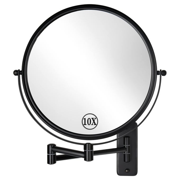 9 INCH LARGE WALL MOUNTED MAKEUP MIRROR 1X10X MAGNIFYING MIRROR DOUBLESIDED 360 SWIVEL EXTENDABLE MAKEUP MIRROR FOR BATHROOM BLACK