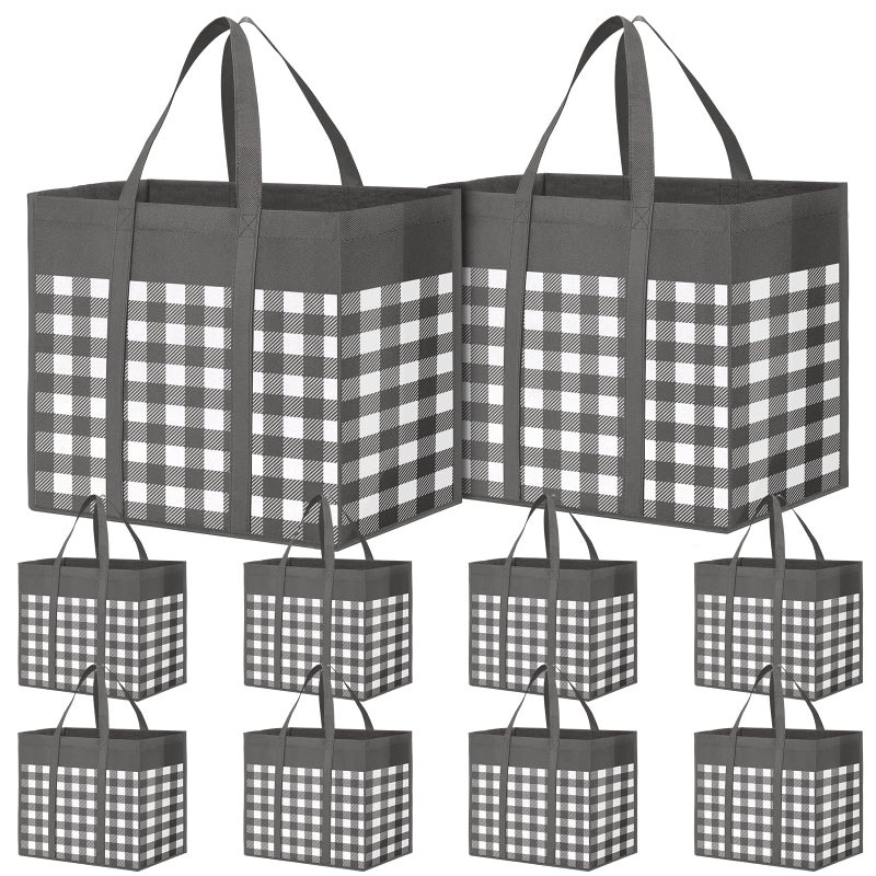 WOWBOX WOWBOX Reusable Grocery Bags 10-Pack  Foldable Reusable Shopping Tote Bags bulk with Reinforced Handles Large Storage Bags with Water Resistant Coating for Groceries Multipurpose Grey-White - Image 1
