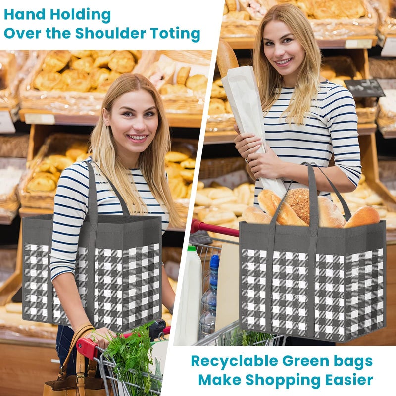 WOWBOX WOWBOX Reusable Grocery Bags 10-Pack  Foldable Reusable Shopping Tote Bags bulk with Reinforced Handles Large Storage Bags with Water Resistant Coating for Groceries Multipurpose Grey-White - Image 5