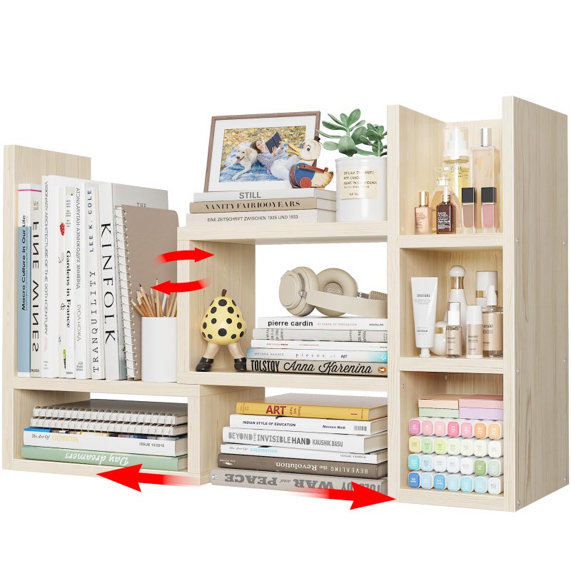 NUTIKAS Desk Shelves Desktop Orgnizer Shlef - Natural Wood Tone Office Organization for Top of Desk Organizers and Accessories Corner Bookshelf Table Top Shelving Small Hutch Decorations for Office - Image 1