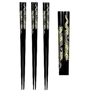 AUTOWRAP Black Bamboo Chopsticks Reusable Japanese Chinese Korean Wood Chop Sticks Hair Sticks 5 Pair Gift Set Dishwasher Safe  - Image 1