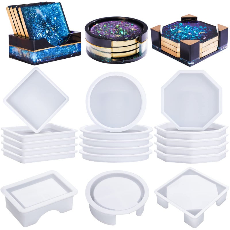 LETS RESIN 18 Pcs Coaster Resin Molds Silicone Coaster Molds with Round Square Octagon Shape Holder Molds for Epoxy Resin DIY Art Craft Cup Mats